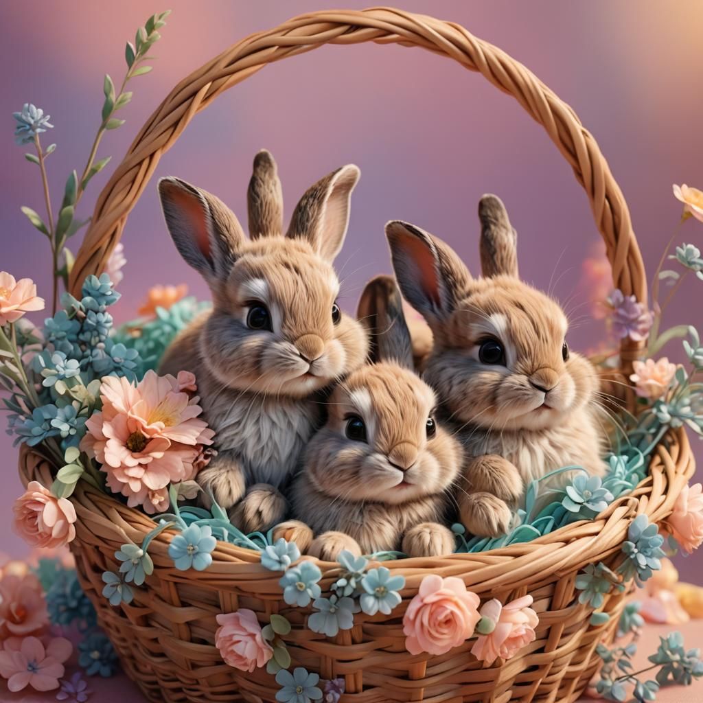 Baby Bunnies in Basket: Vibrant 3D Digital Art
