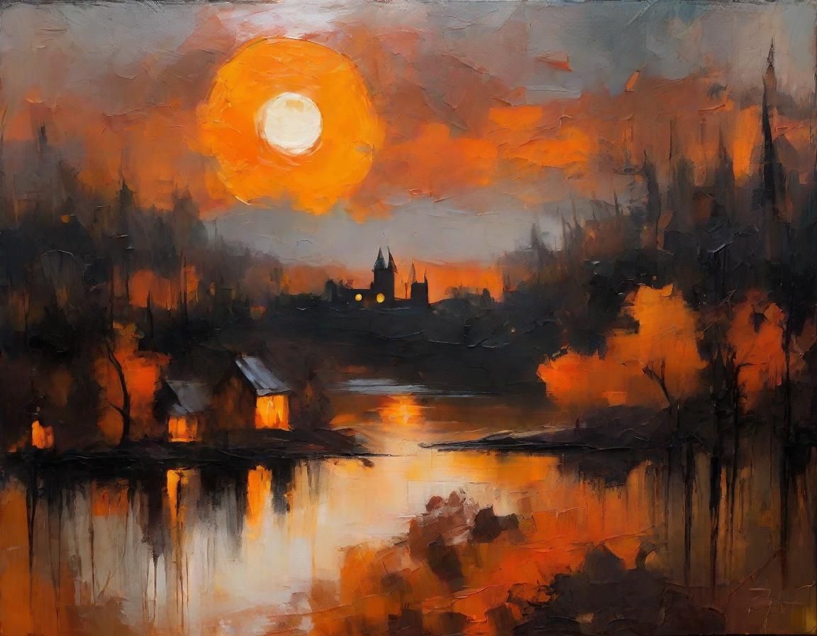 Misty Lake Village Under Halloween Moon, Abstract Painting