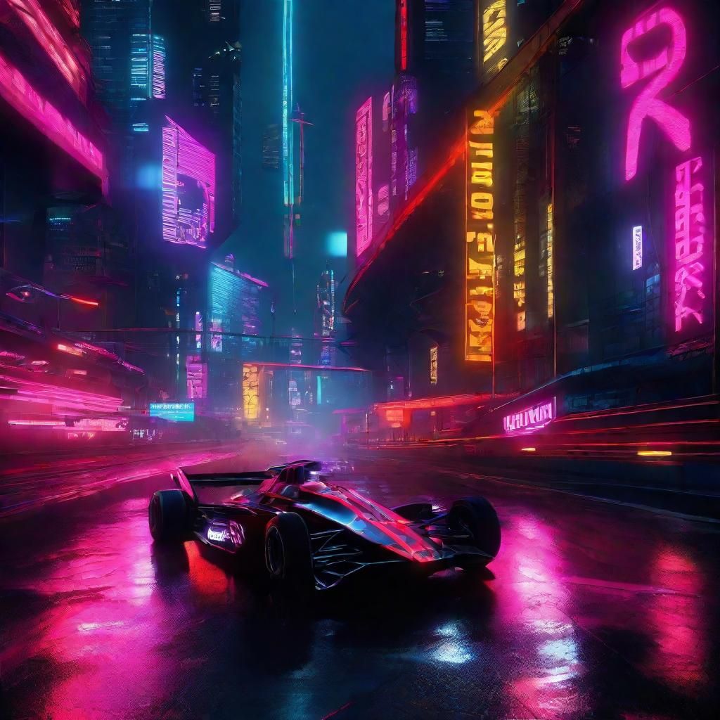 Cyberpunk Formula One Race in Rainy Neon City