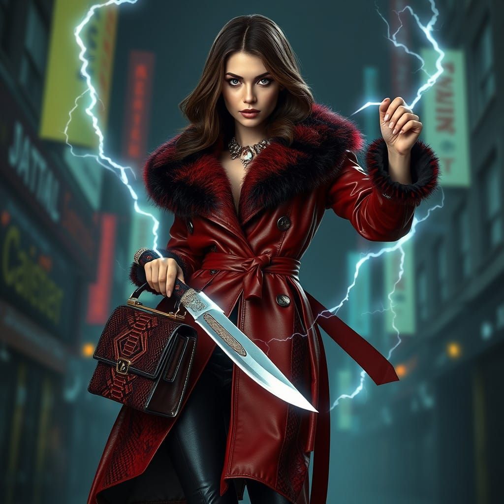 Glamorous New York Assassin in Red and Black Leather