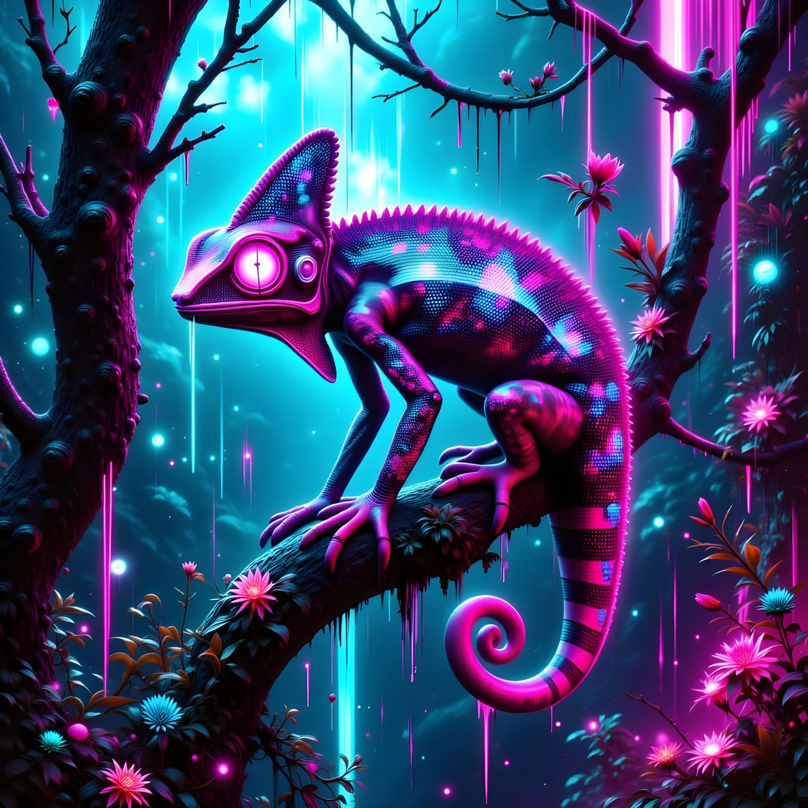 Futuristic Chameleon in Alien Jungle Oil Painting
