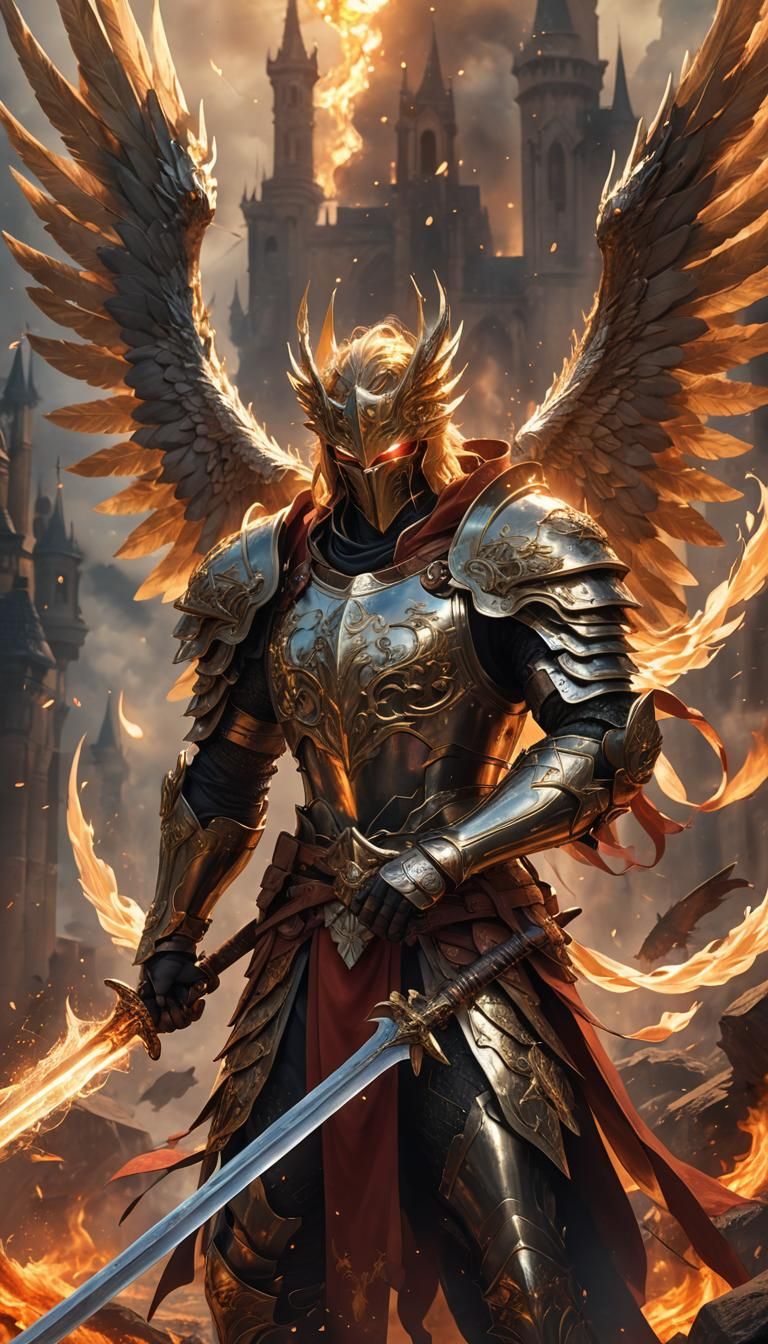 Arcangel Wielding Sword in Apocalyptic Landscape