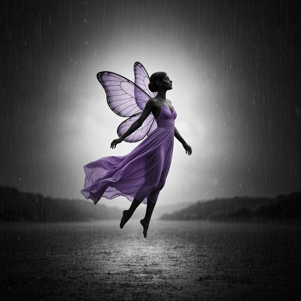 Black Fairy Soaring in Violet Dress, Surrealist Photography