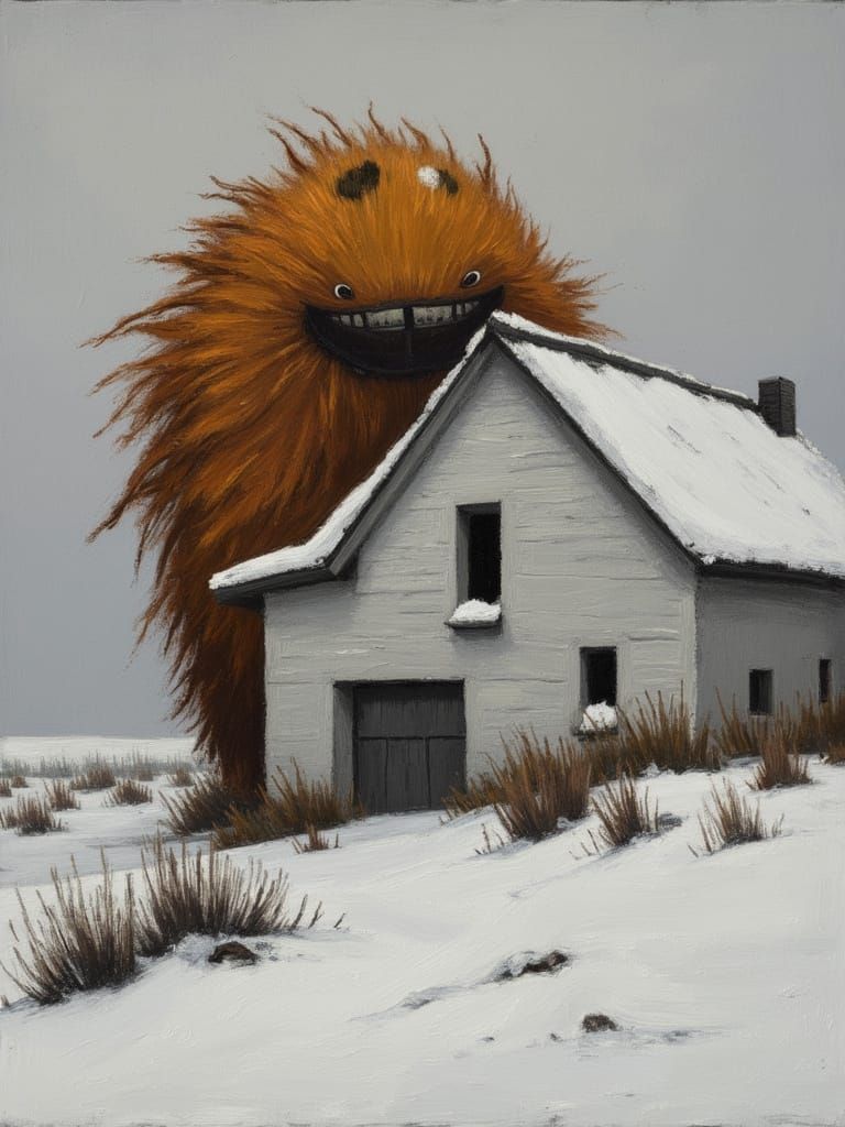 Smiling Creature in Snowy Landscape, Oil on Canvas