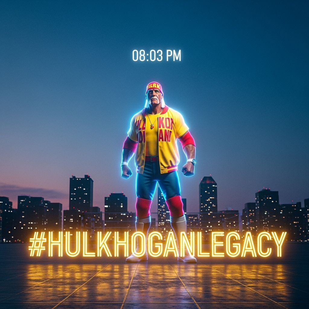 Holographic Hulk Hogan Memorial in Retro-Futurist Cityscape