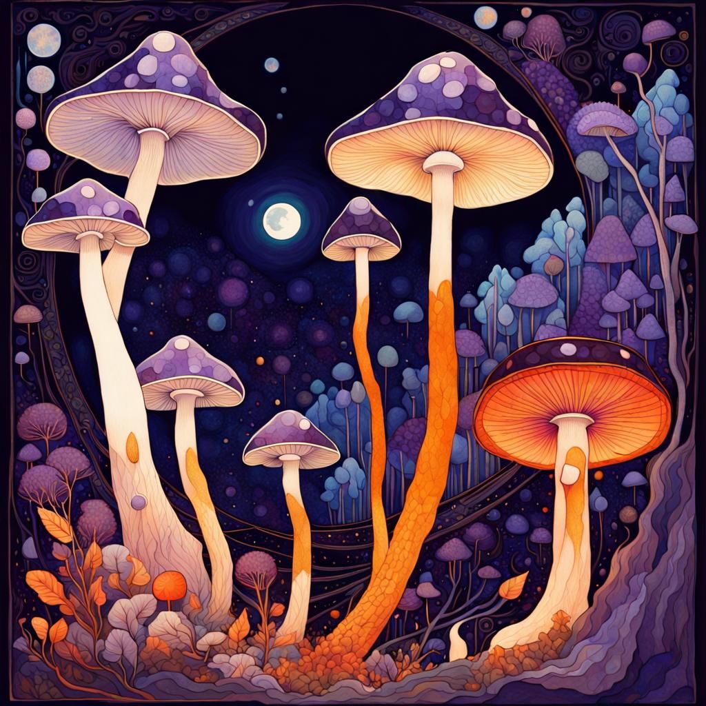 Amethyst Aurora Mushrooms Under Ornate Moon