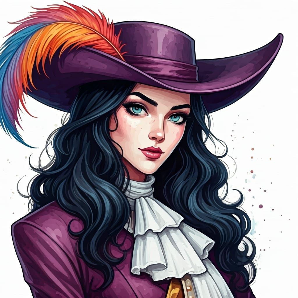 Female Captain Hook with Feathered Hat, Ink Splatters