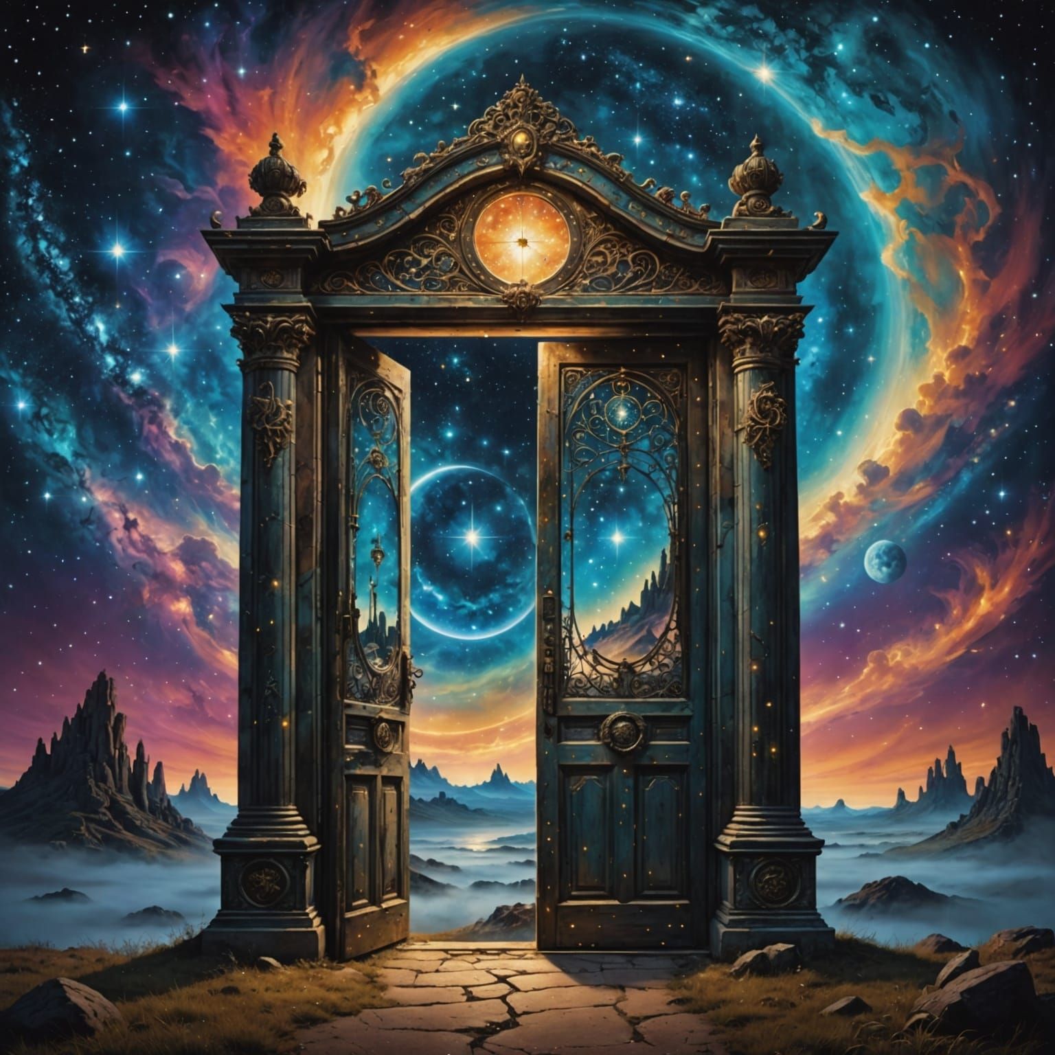 Celestial Doorway to Dreamlike Realm in Double Exposure