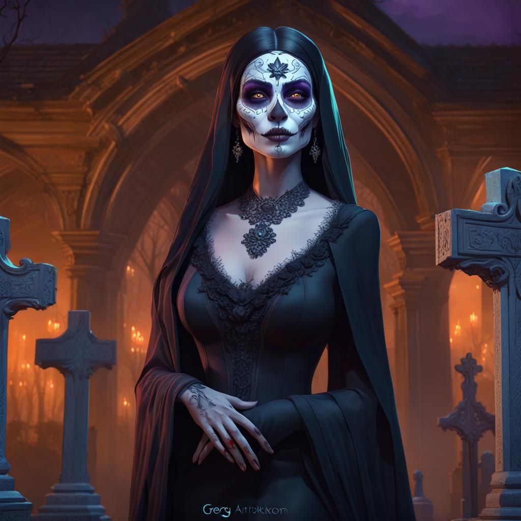 Morticia Addams as La Catrina in Cemetery, Detailed Portrait