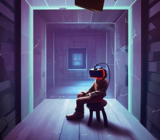 boy with retro style VR headset sitting on wooden cube in infinite scary room. a masterpiece, 8k resolution, dark fantas...