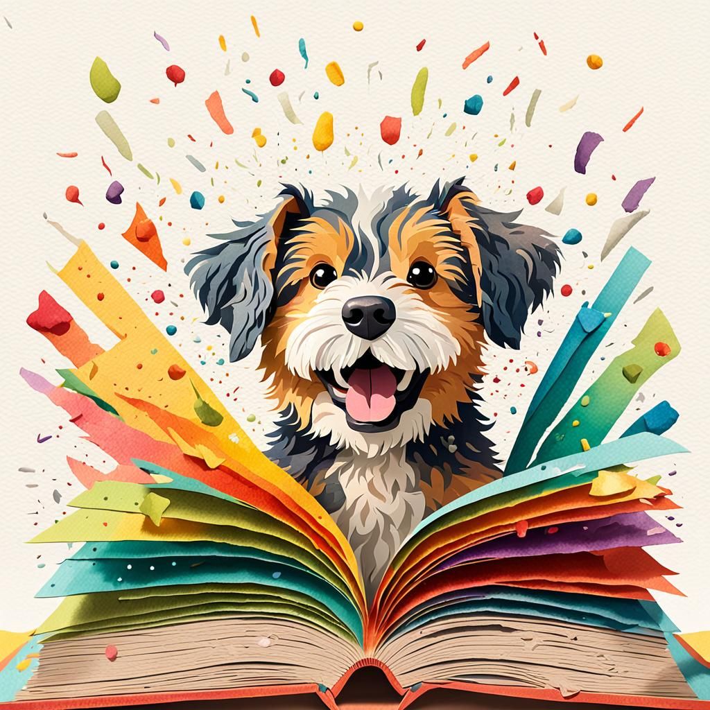 Whimsical Dog in Pop-Up Book: Watercolor Illustration