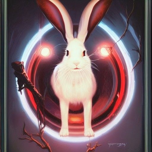 Furious White Rabbit in Dystopian Oil Painting