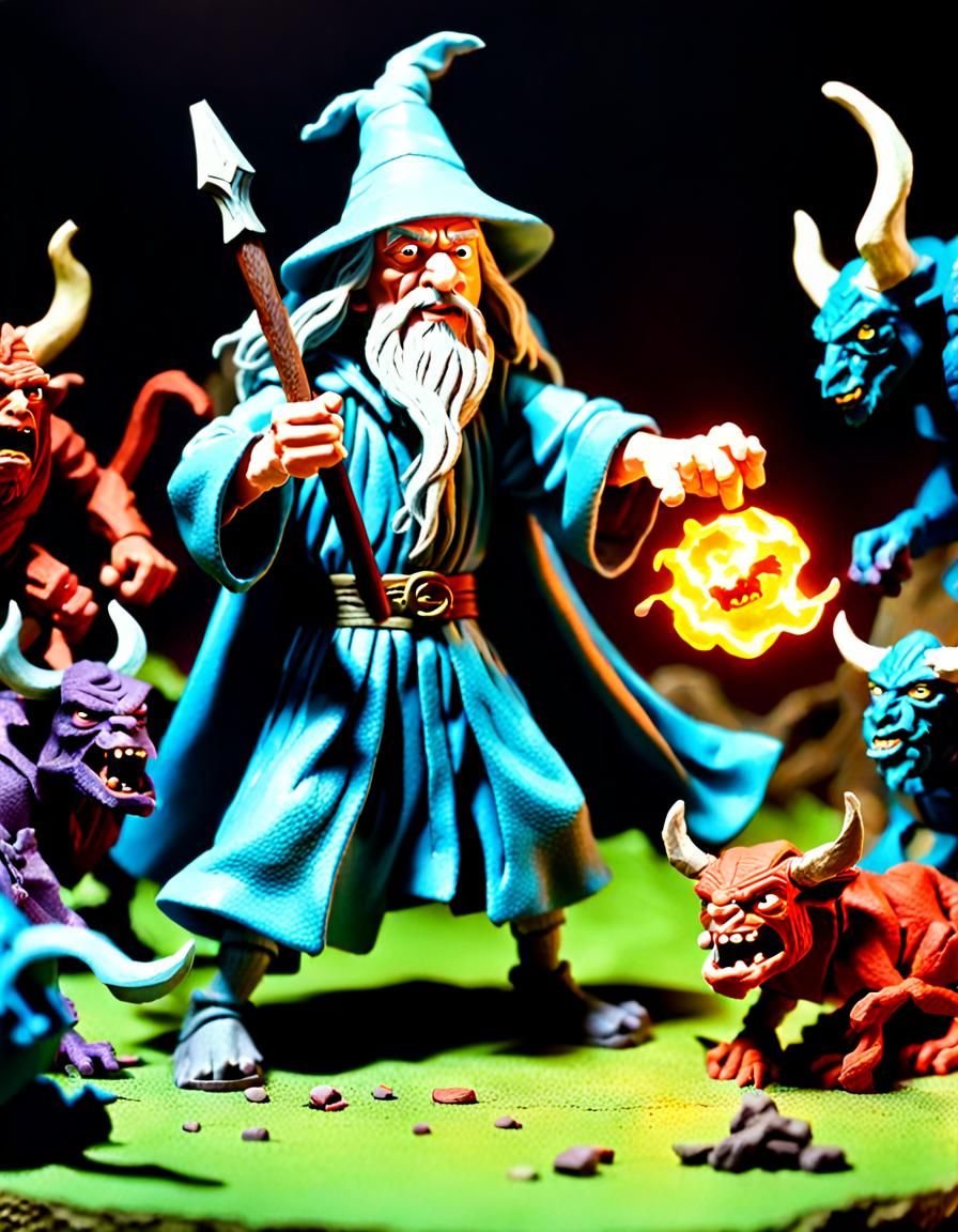 Gandalf Battles Demon in Claymation Style