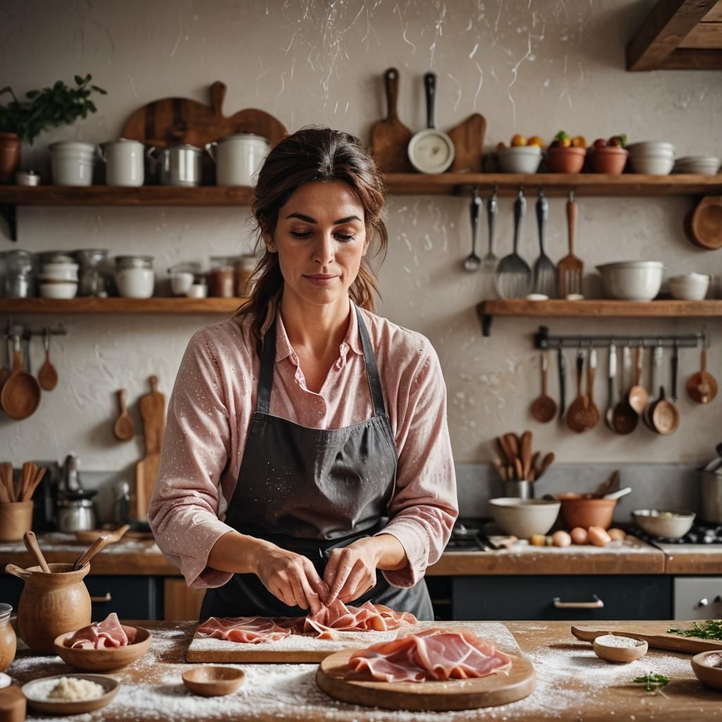 Italian Woman Prepares Prosciutto in Renaissance Style