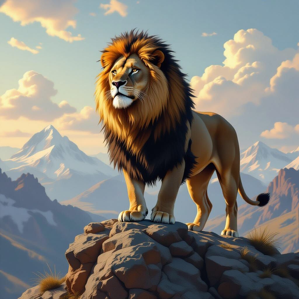 Majestic Lion on Mountain Summit in Dramatic Landscape