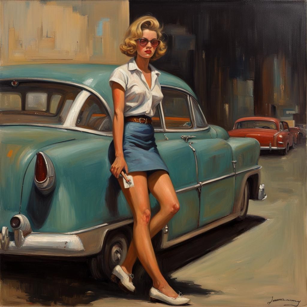 Rock and roll juvenile delinquent girl, 1950s. Bad girl. Short skirt. Smoking a cigarette.