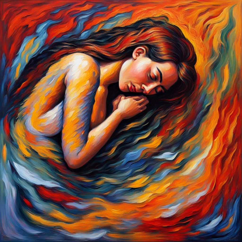 Abstract Expressionist Painting of Woman Trapped in Fire