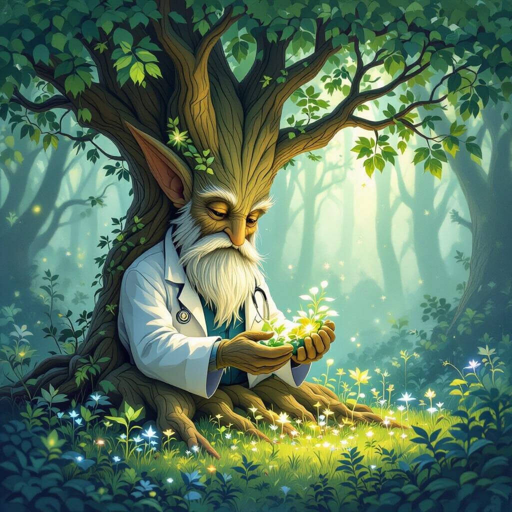 Wise Doctor Tree Tends Bioluminescent Plants in Mystical For...