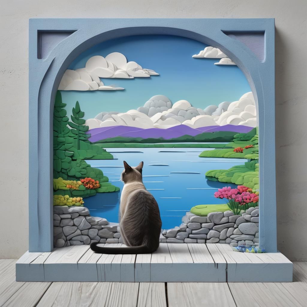 Siamese Cat on Dock: 3D Bas-Relief Art