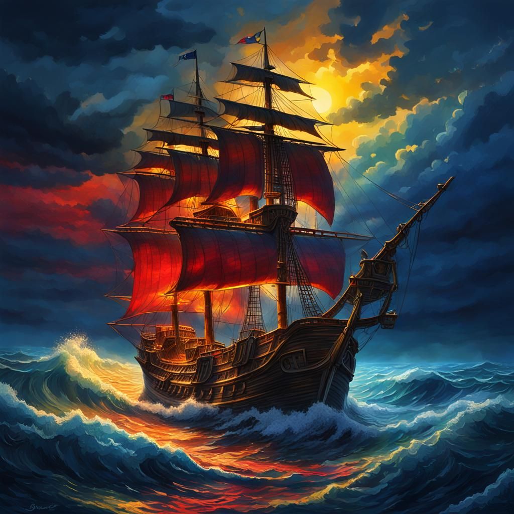 Pirate Ship Amidst Stormy Seas at Sunset