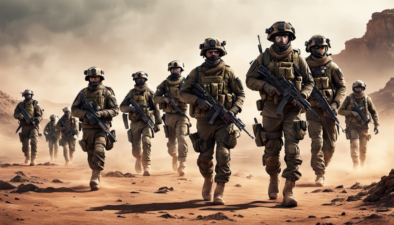 Modern Soldiers Patrolling Arid Field, Tactical Gear