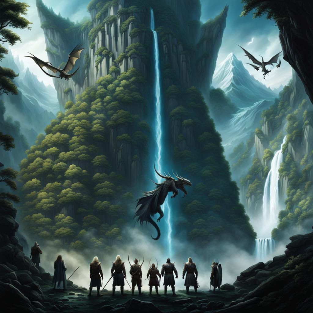 Futuristic Vikings Overlook Dragon and Ethereal Landscape