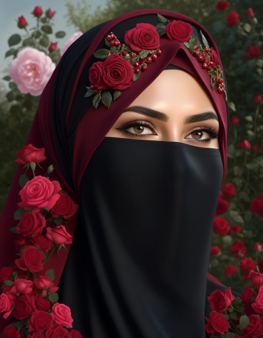 Beautiful Niqabi Woman Portrait in Rose Garden
