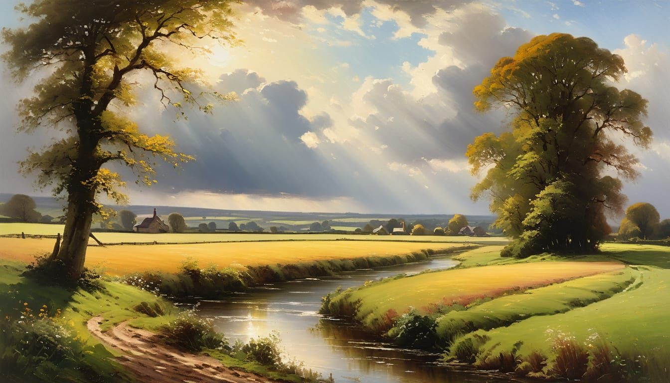 Rural Landscape Oil Painting in Realistic Impressionism Styl...