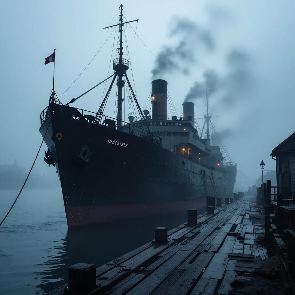 Ethereal Haunted Ship at Dock, Noir Style