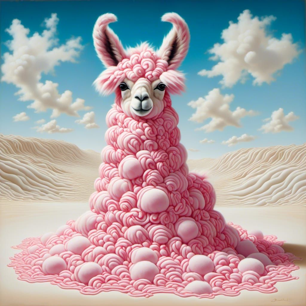 Fluffy pink llama & a pale blue sky