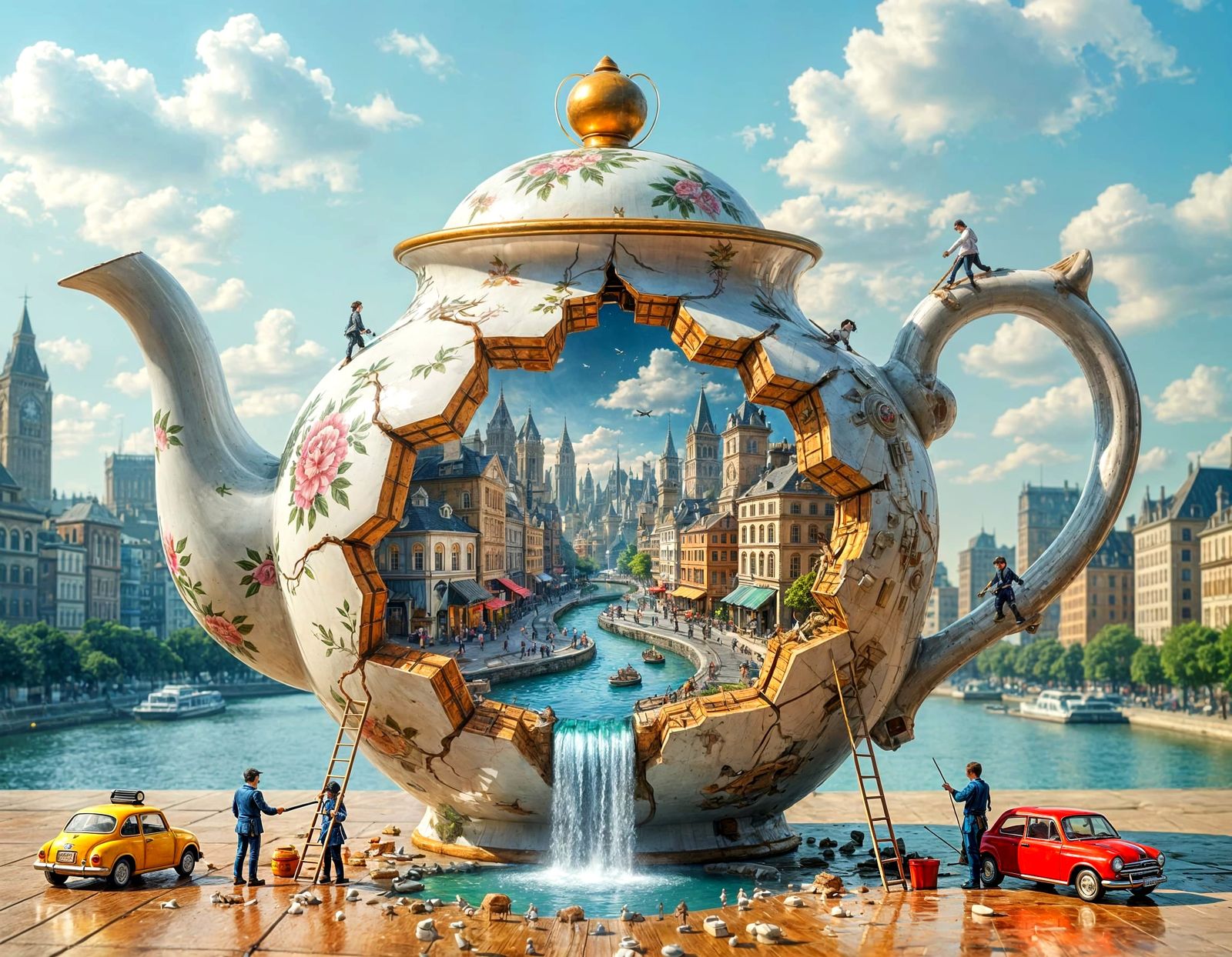 A colossal broken antique teapot with cracked and broken from the middle containing a miniature bustling city with tiny ...