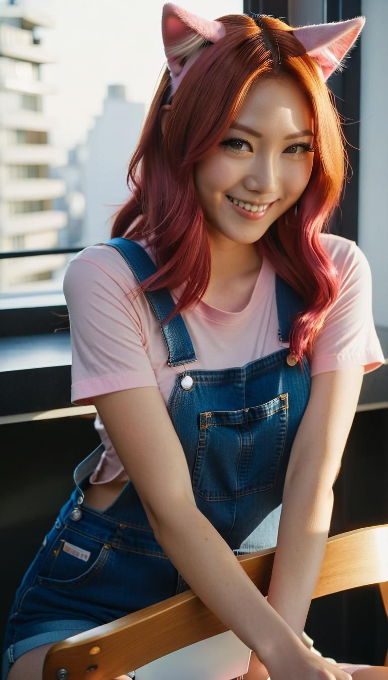 Charming Woman with Cat Ears in Apartment, Golden Hour