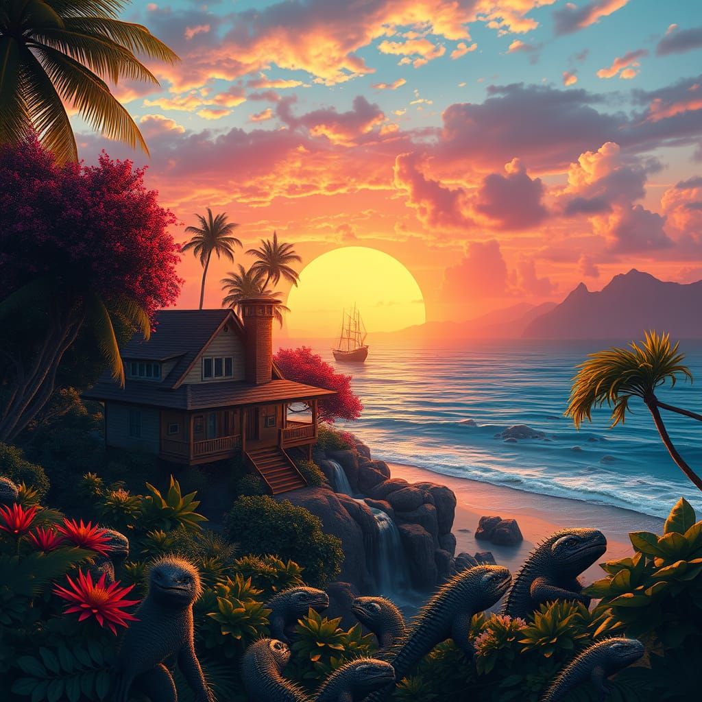 Ethereal Beach House Scene in Whimsical Matte Painting Style