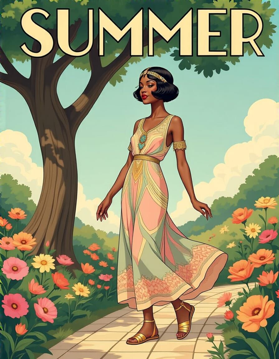 Art Deco Woman with Summer Flowers