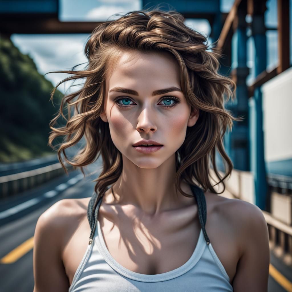 Beautiful Girl with Snake on Highway, Hyperrealistic