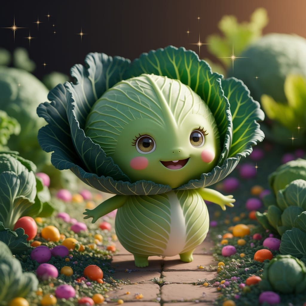 Charming Chibi Cabbage Monster in Ghibli Style