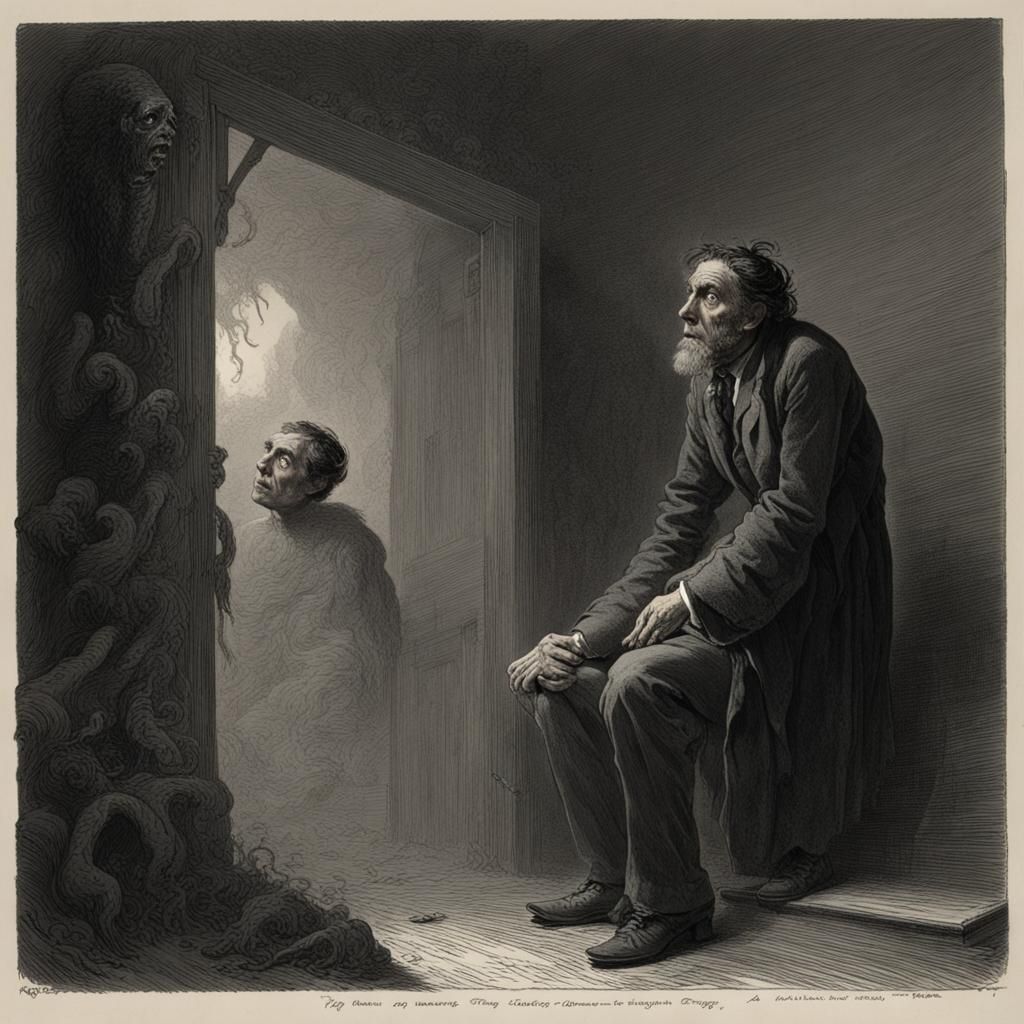 Man's Horror: Engraving Style Dark Fantasy Scene