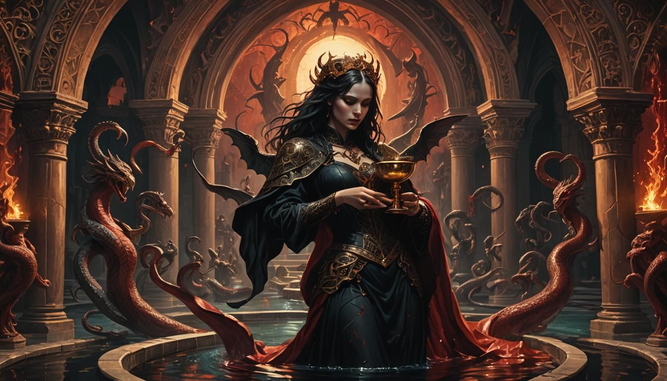Serpent Woman with Chalice in Gothic Setting