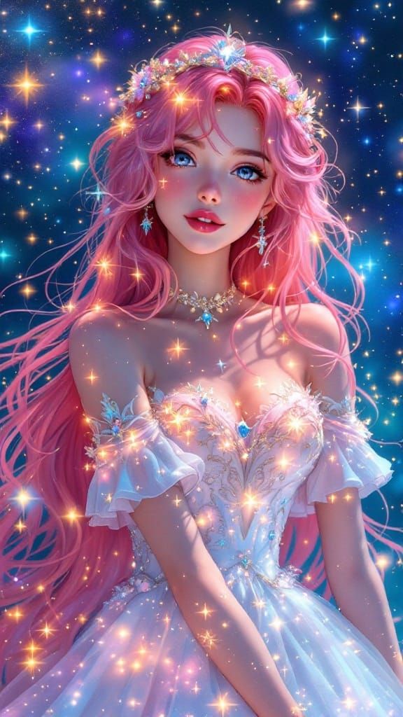 Ethereal Anime Princess in Starlight Gown with Long Pink Hai...