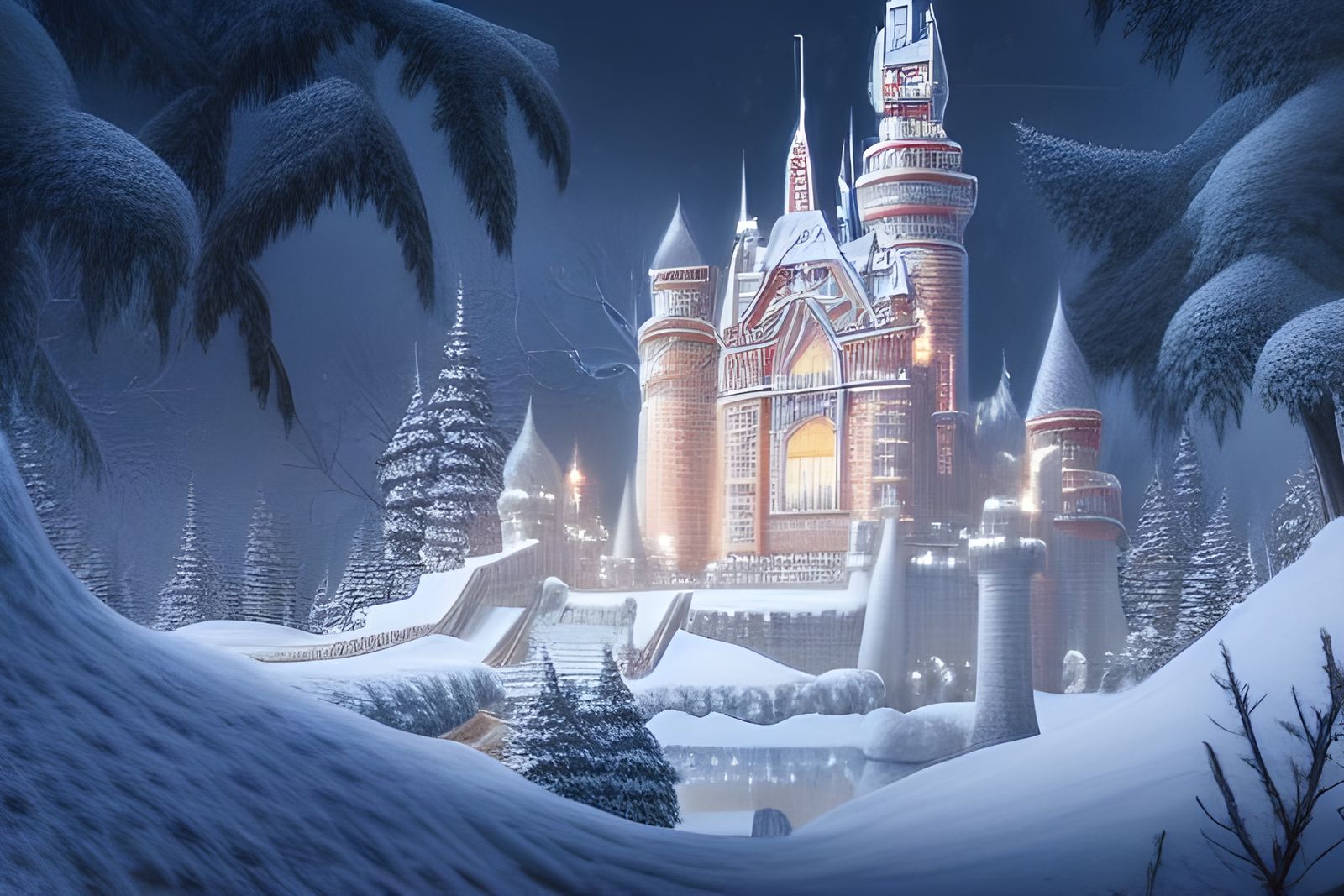 Snowy Magical Castle with Glass Dome, Hyper-Realistic CGI