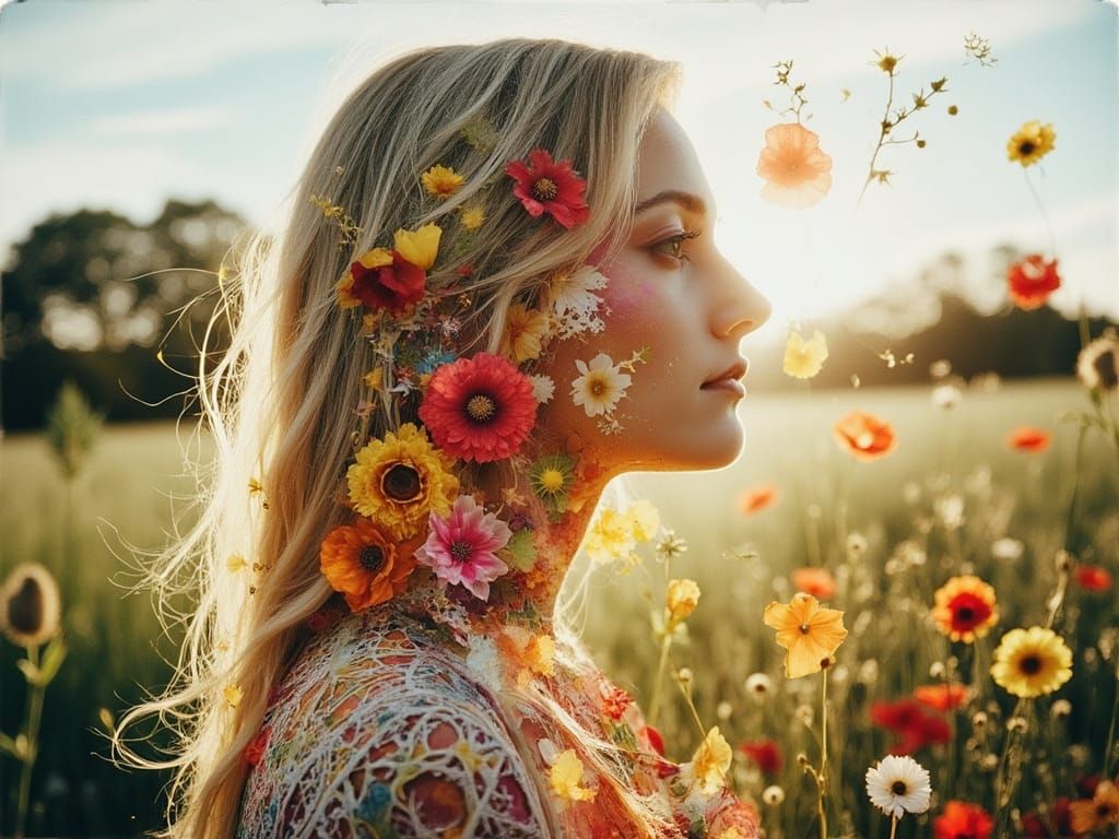 Ethereal Woman Merged with Wildflowers in Double Exposure