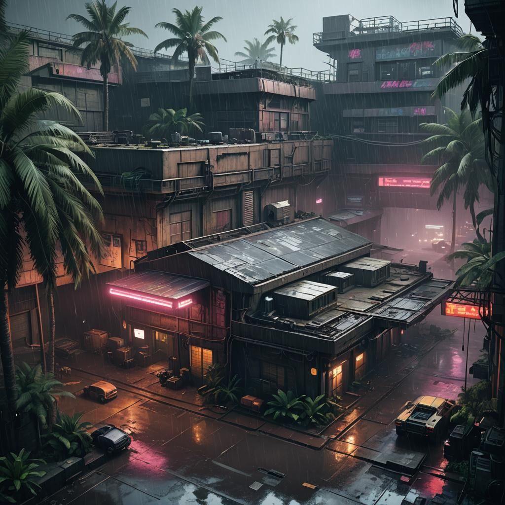 Cyberpunk Warehouse Fortress in Rainy Alley