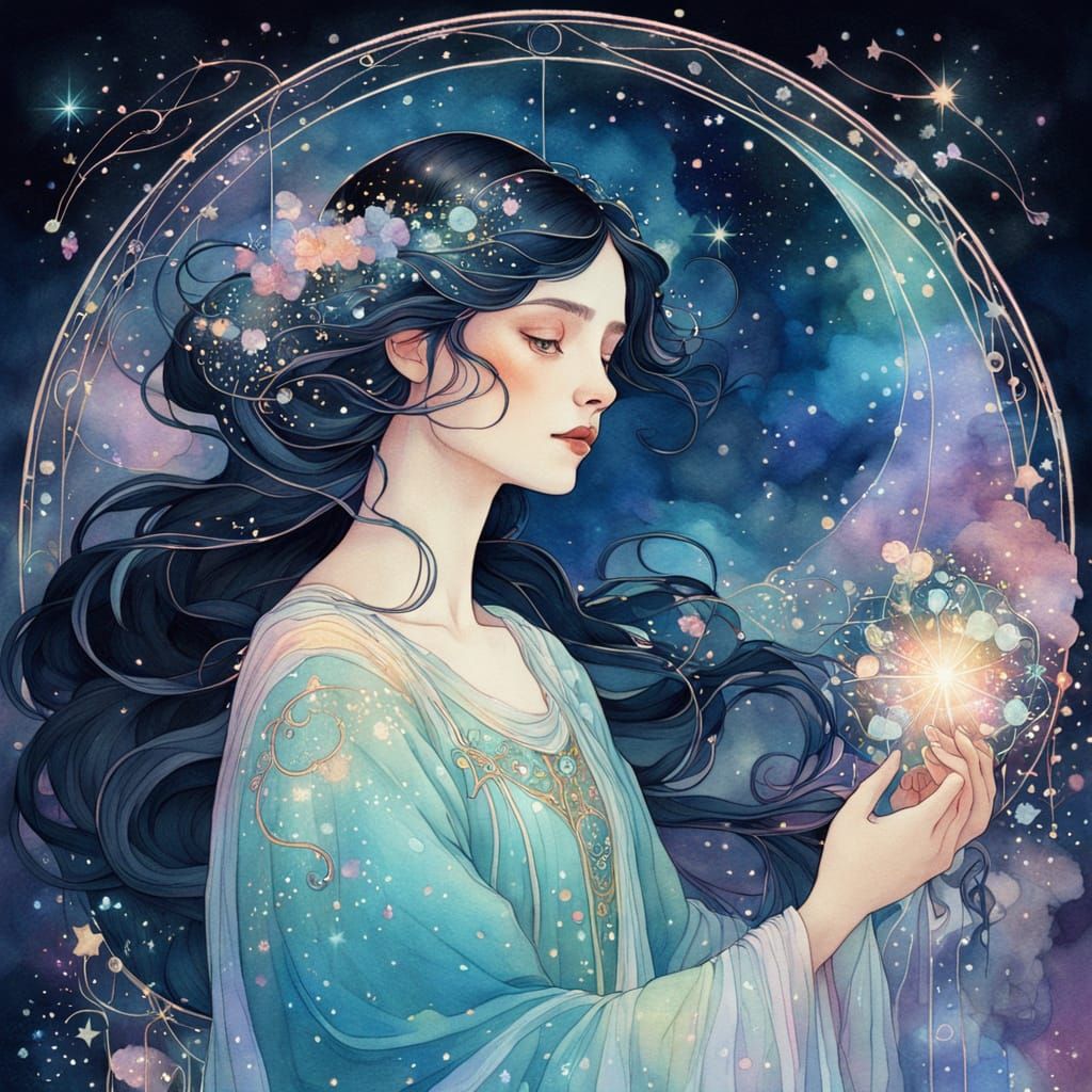 Celestial Seamstress Embroidering Constellations in Watercol...