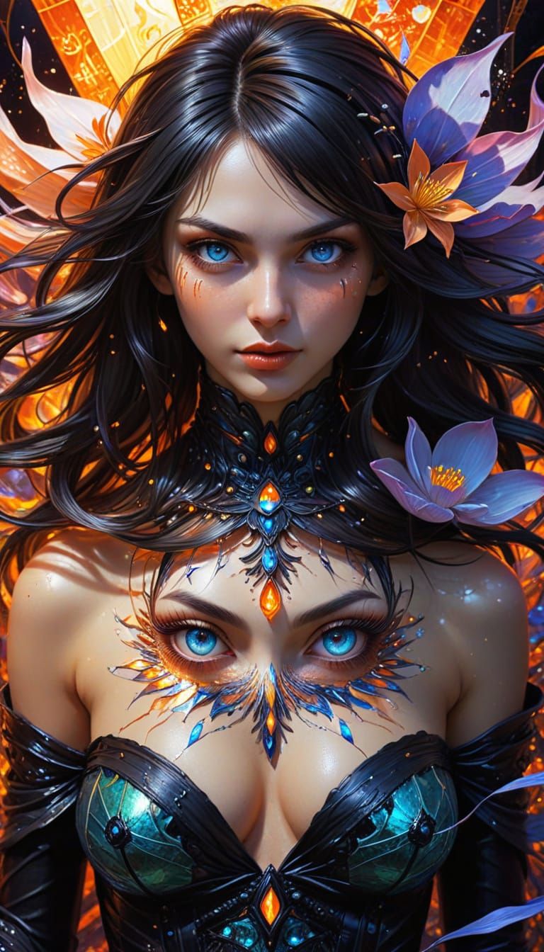 Mystical Goth Lady Kitsune Portrait in Vibrant Iridescent Co...