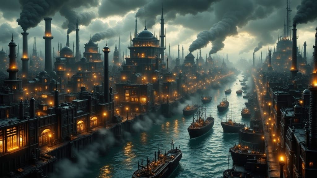 Industrial Harbor City Under Stormy Skies