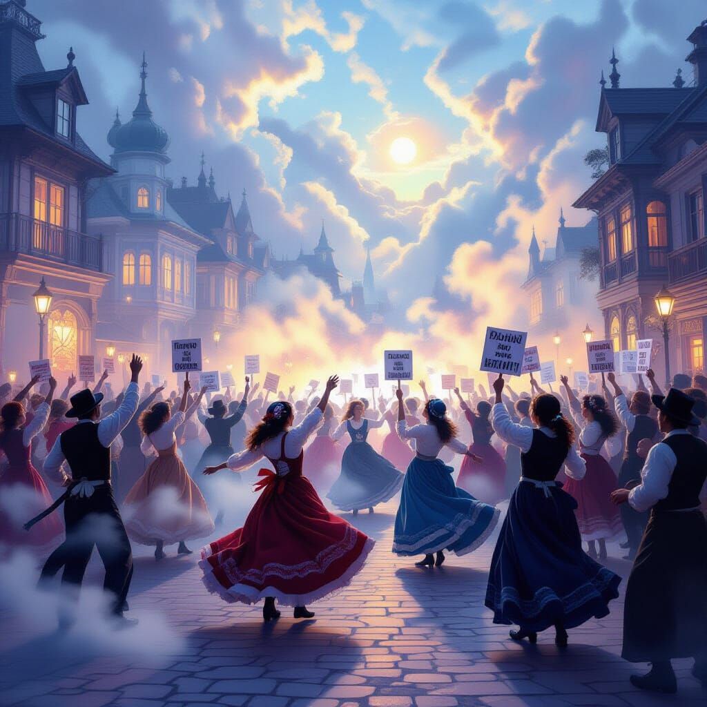 Ethereal Square Dance Protest in Dreamlike Fantasy Landscape