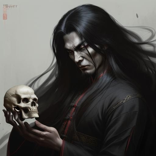Sinister Long-Haired Boy with Skull, Dark Fantasy Art