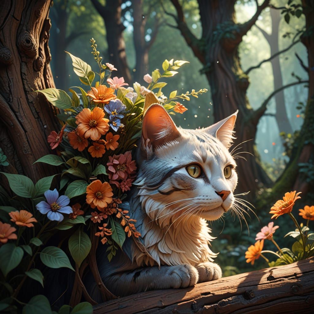 Vibrant Feline Portrait in Whimsical Woodland Setting