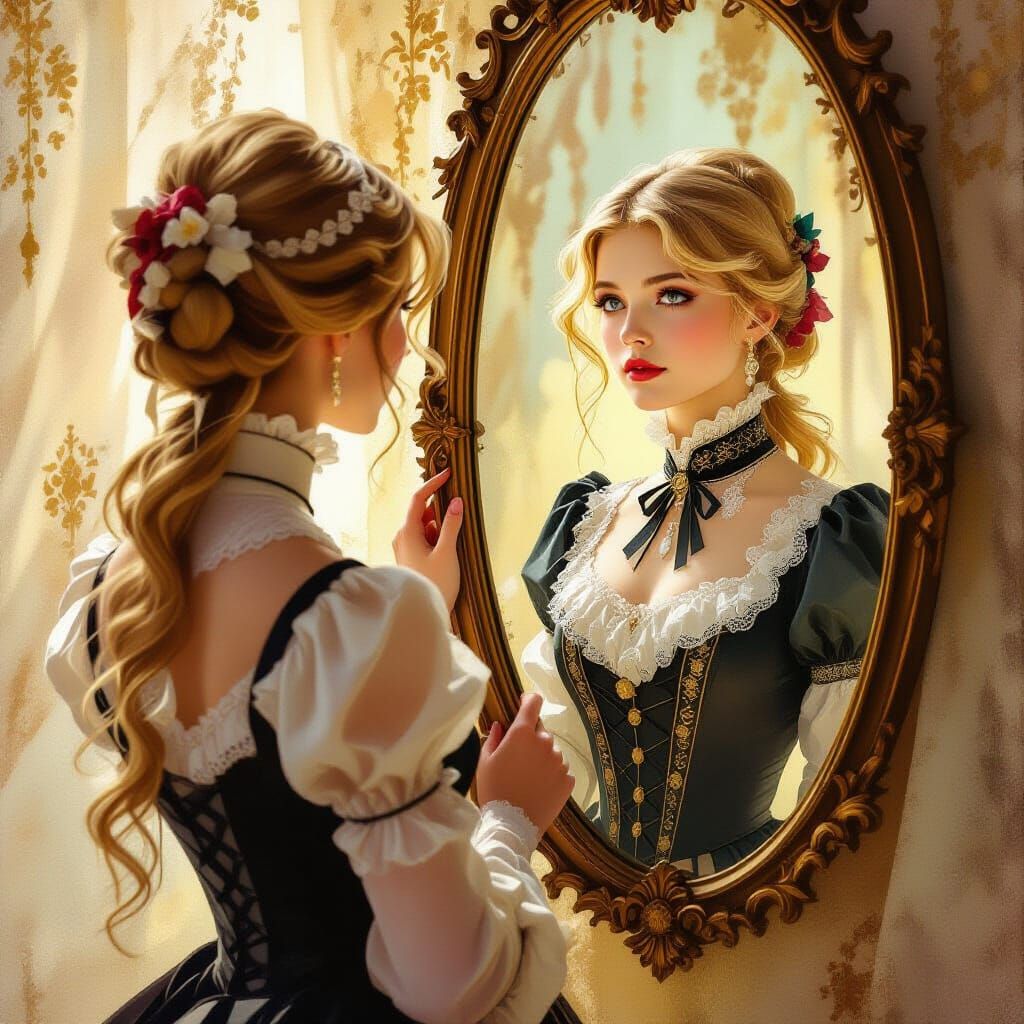 Girl in Mystical Mirror Reflects Victorian Era