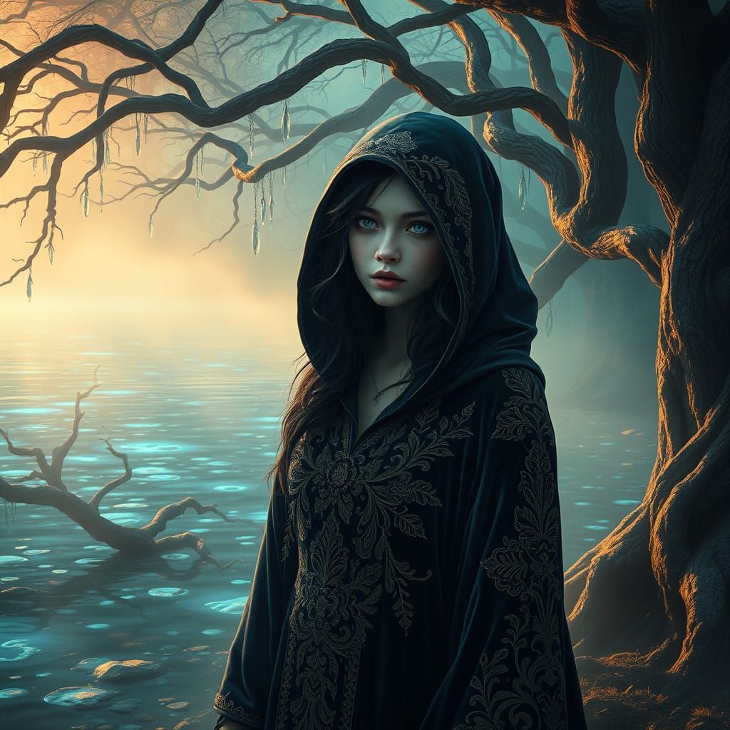 Ethereal Woman at Mystical Lake's Edge, in a Meticulously De...